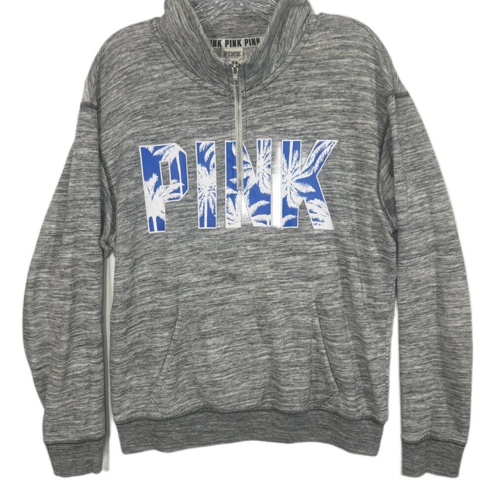 Victoria's Secret PINK Women's Small Gray Palm Print 1/4 Zip Pullover